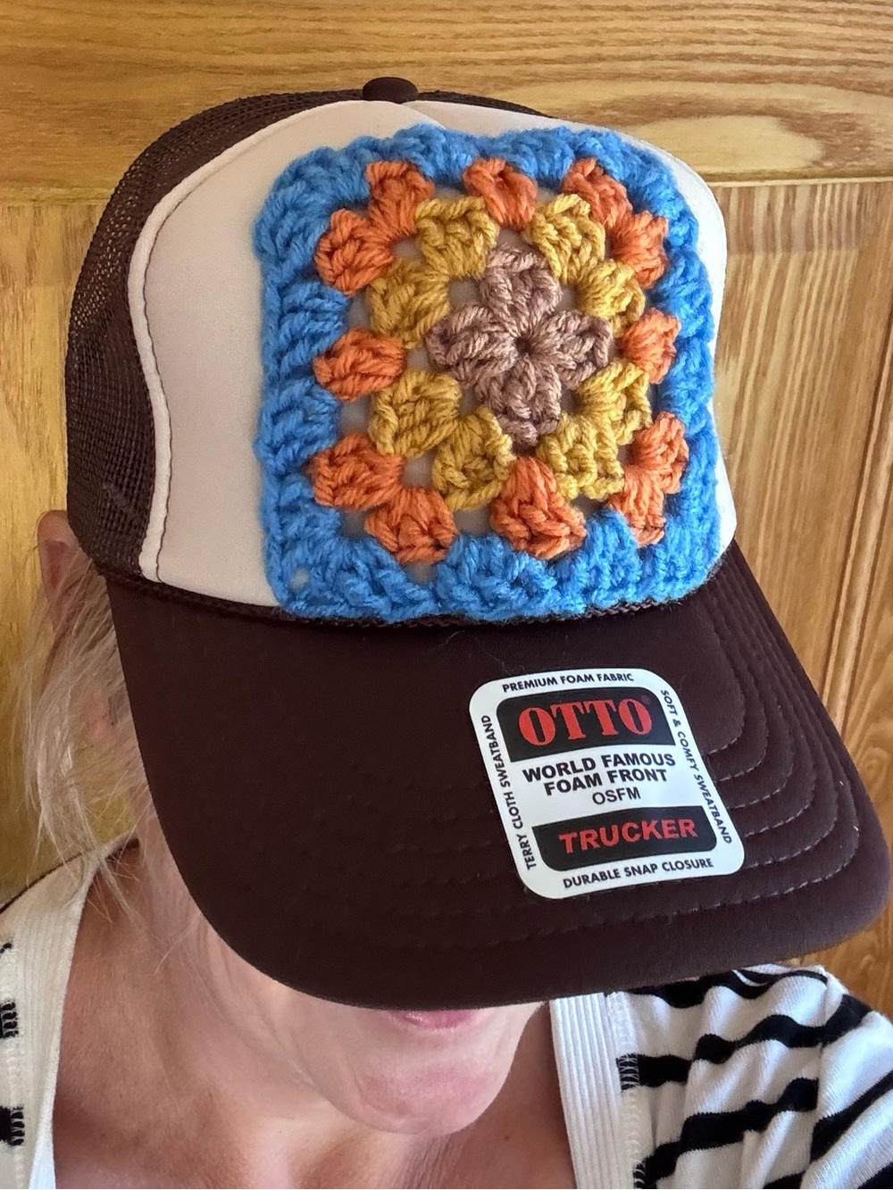 OTTO Trucker Hat with Handmade Crochet Granny Square Patch NWT